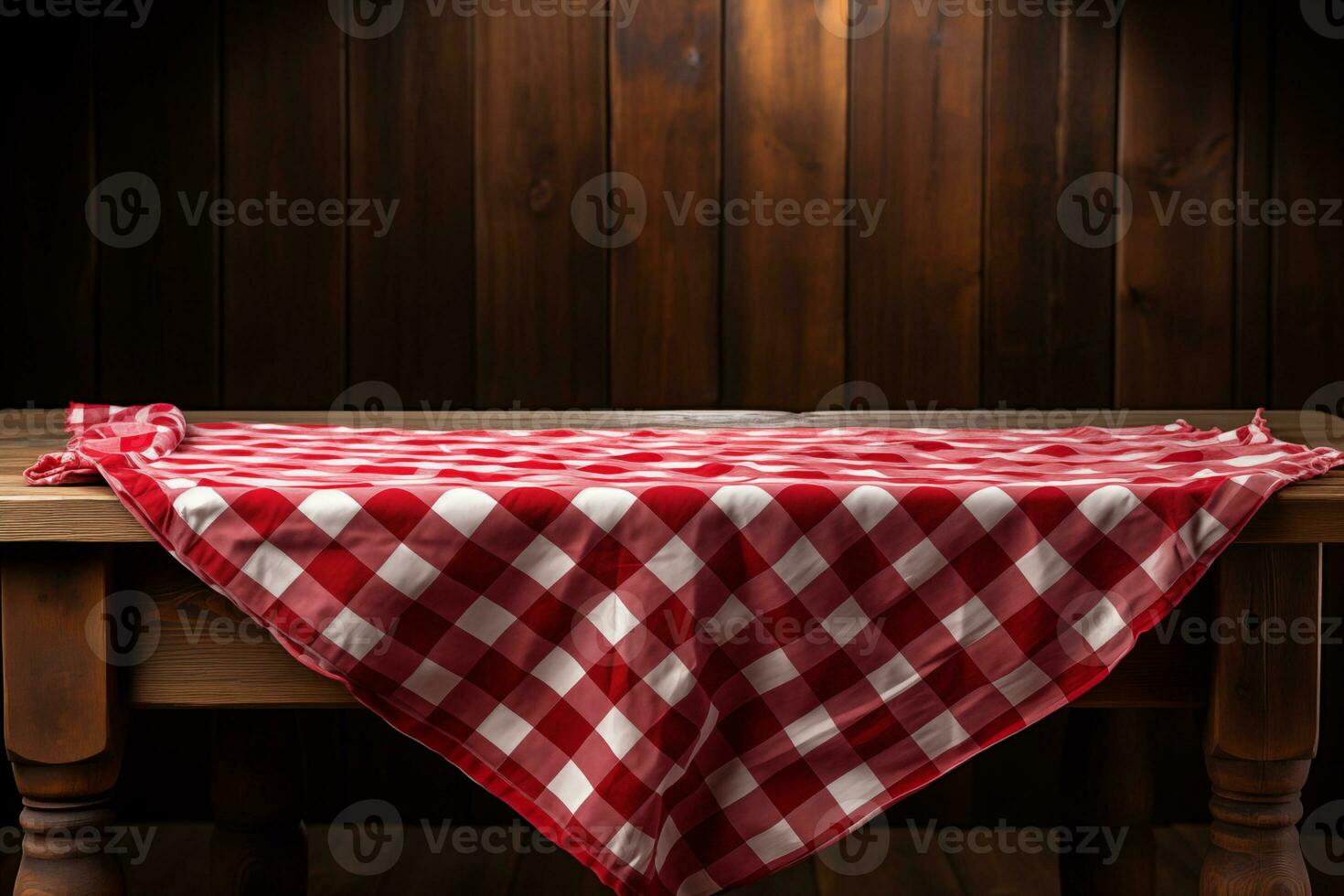 AI generated A Red Checkered Tablecloth on a Wooden Table, Set against a Wooden Background photo