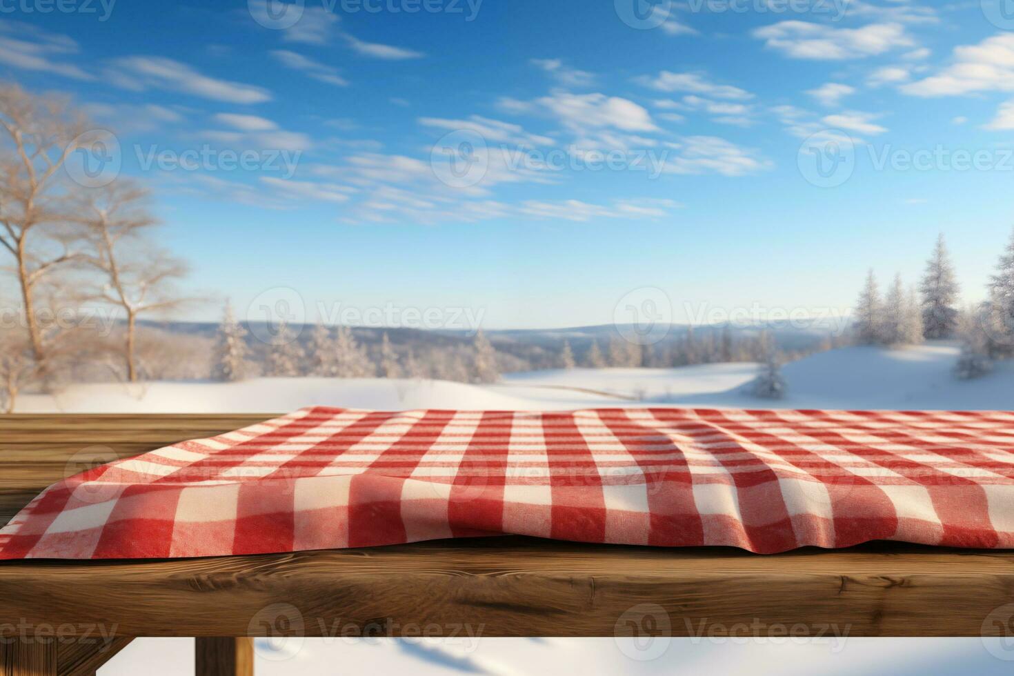 AI generated A Red Checkered Tablecloth on a Wooden Table, Set against a Wooden Background photo