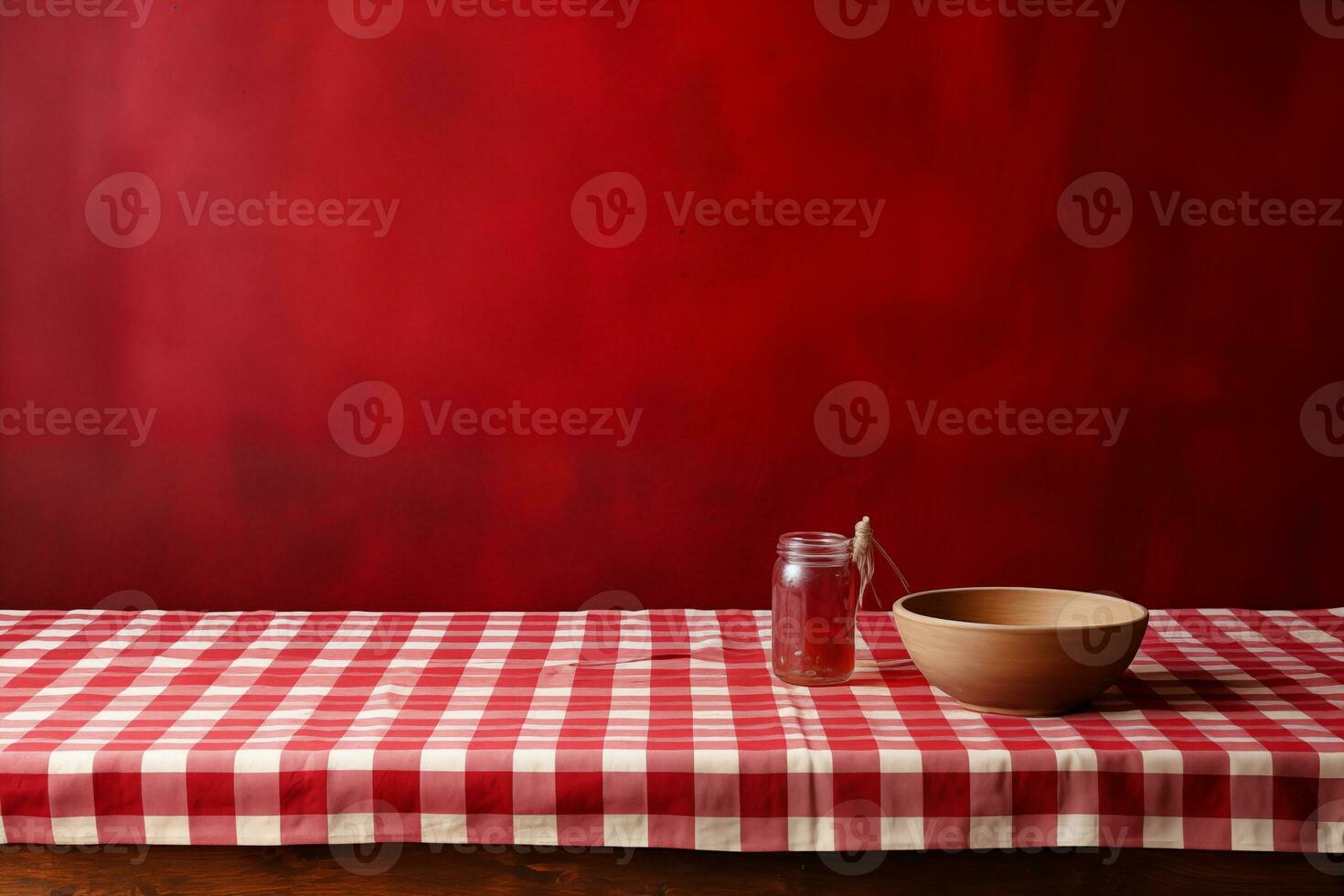 AI generated A Red Checkered Tablecloth on a Wooden Table, Set against a Wooden Background photo