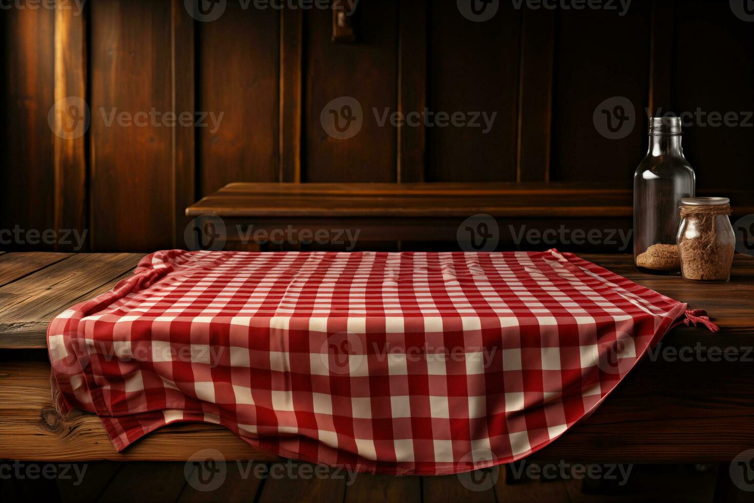 AI generated A Red Checkered Tablecloth on a Wooden Table, Set against a Wooden Background photo