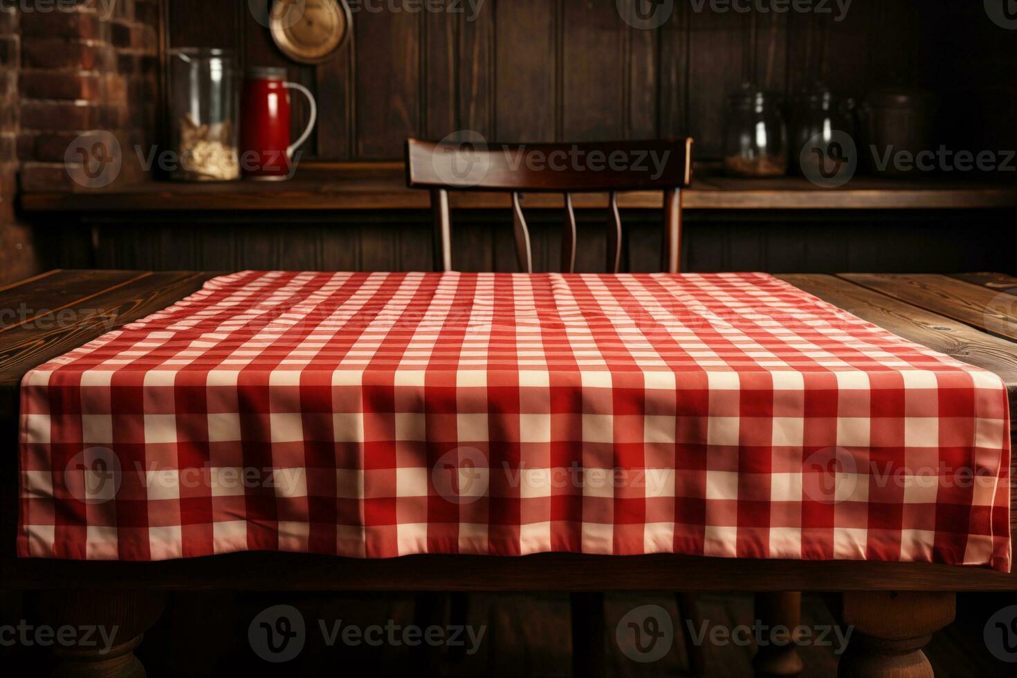 AI generated A Red Checkered Tablecloth on a Wooden Table, Set against a Wooden Background photo