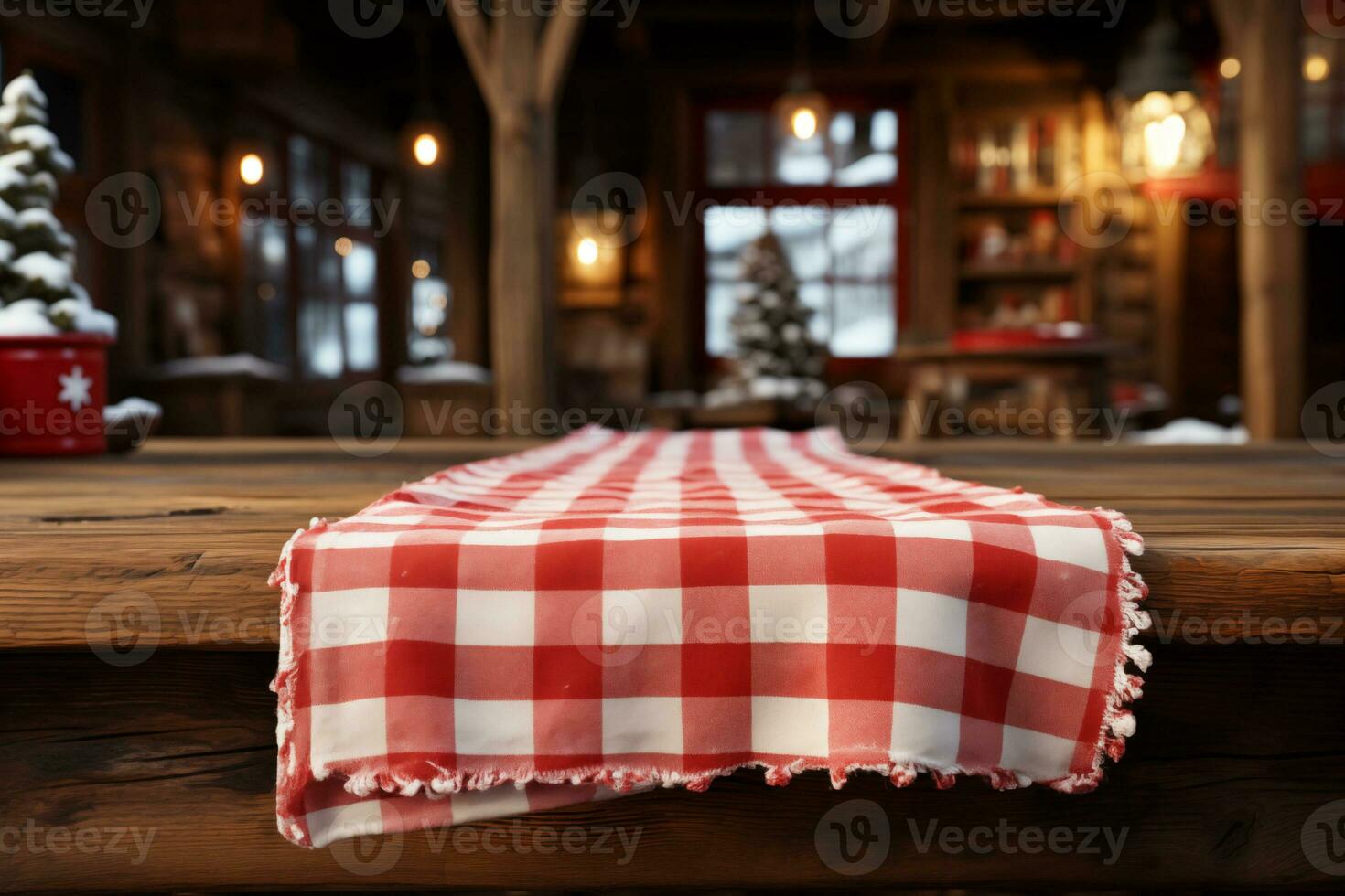 AI generated A Red Checkered Tablecloth on a Wooden Table, Set against a Wooden Background photo
