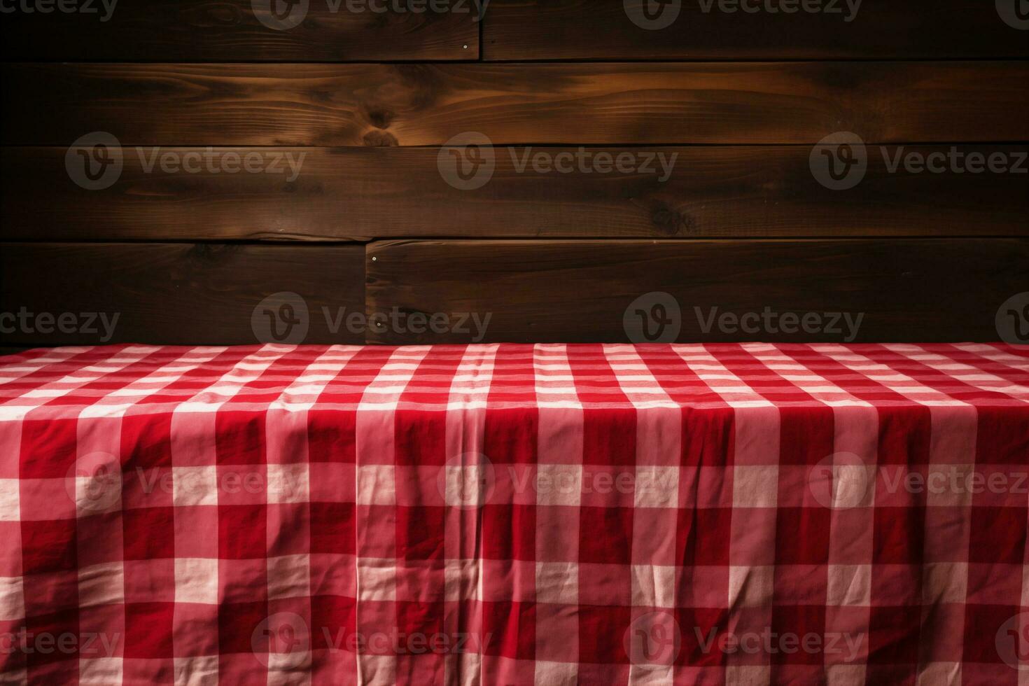 AI generated A Red Checkered Tablecloth on a Wooden Table, Set against a Wooden Background photo