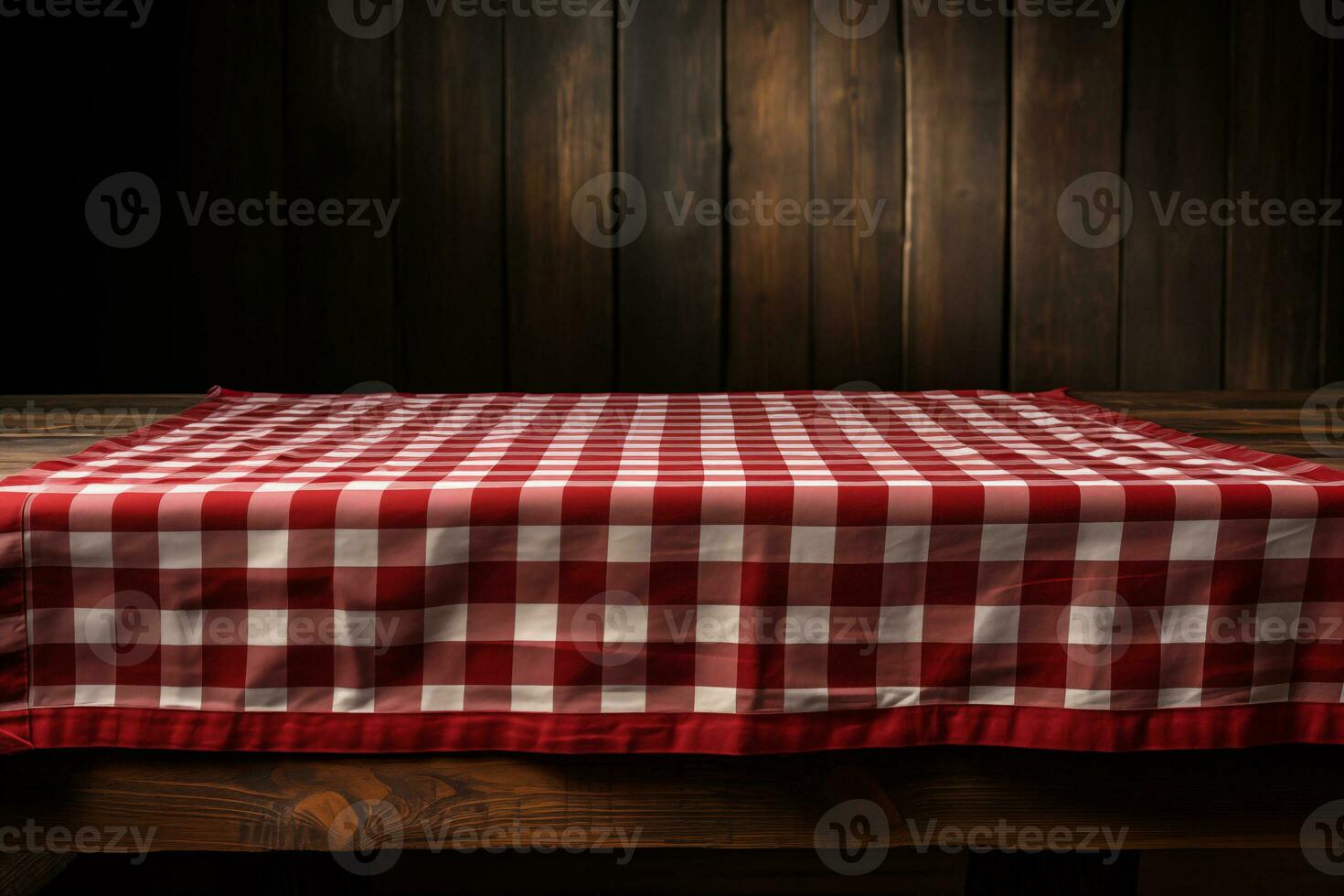 AI generated A Red Checkered Tablecloth on a Wooden Table, Set against a Wooden Background photo