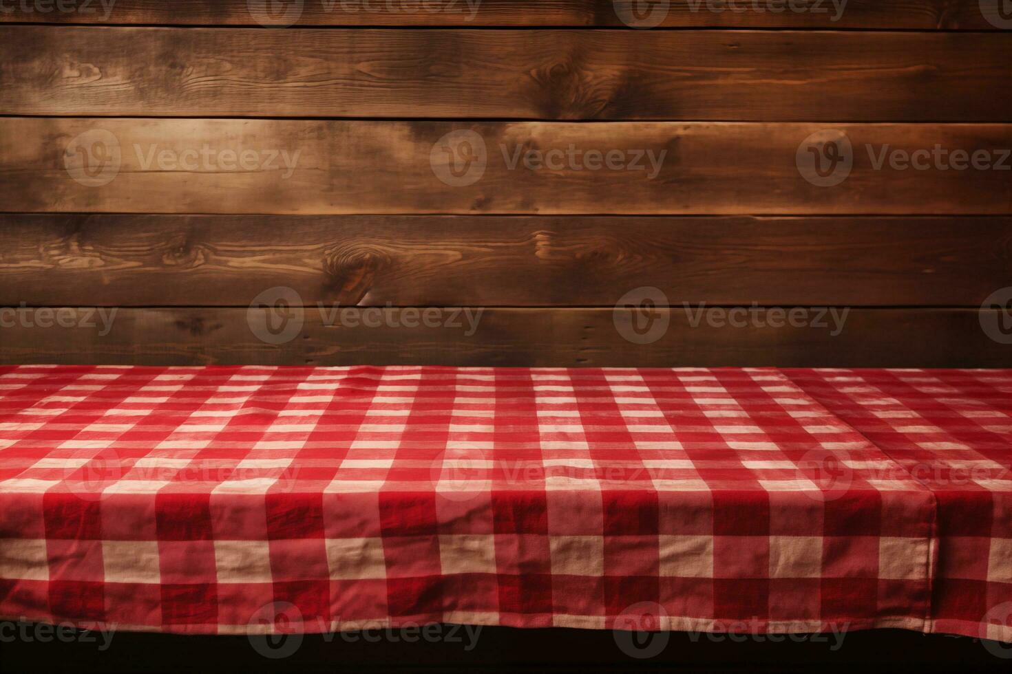 AI generated A Red Checkered Tablecloth on a Wooden Table, Set against a Wooden Background photo