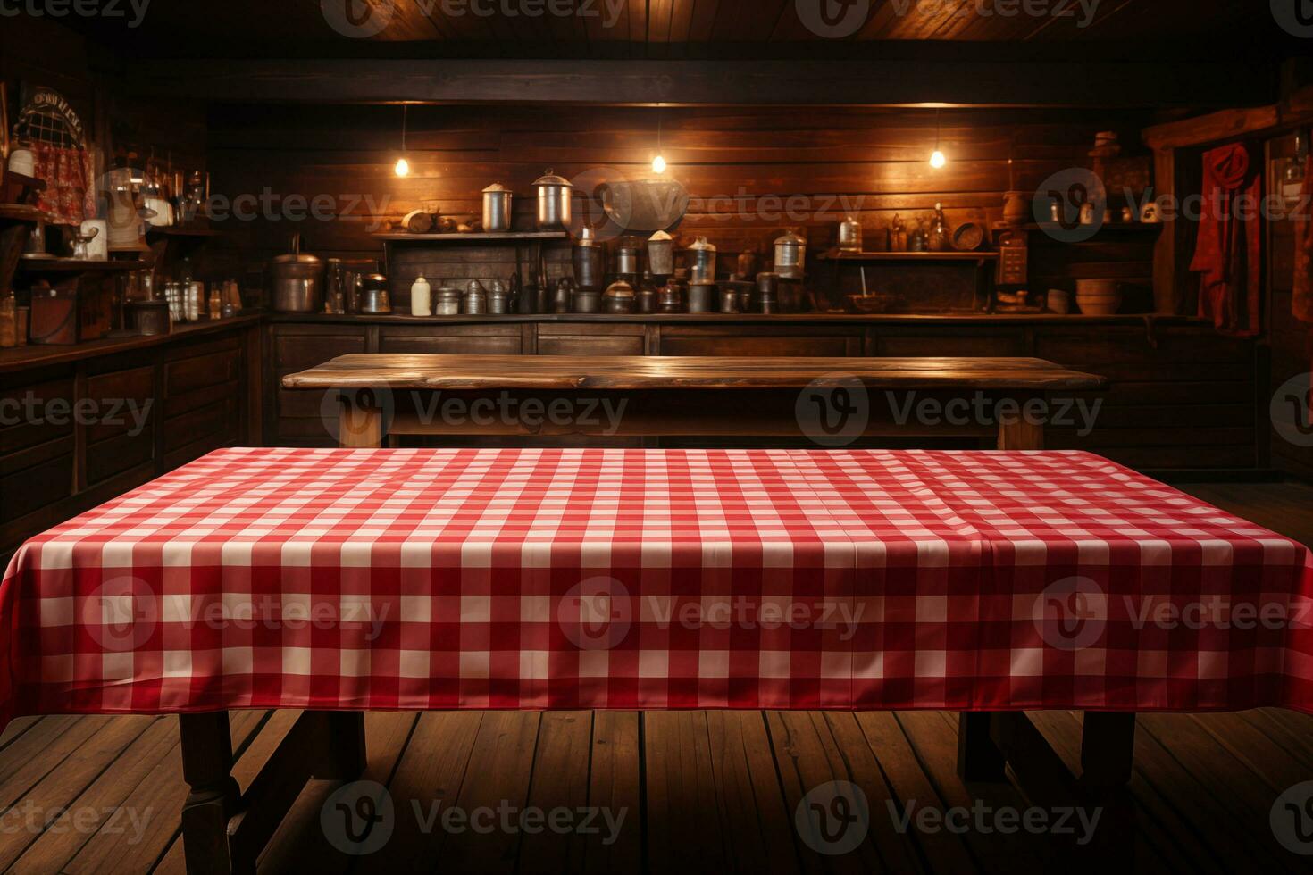 AI generated A Red Checkered Tablecloth on a Wooden Table, Set against a Wooden Background photo
