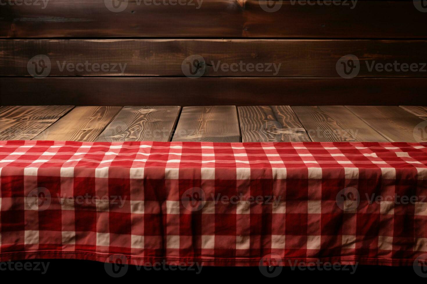 AI generated A Red Checkered Tablecloth on a Wooden Table, Set against a Wooden Background photo