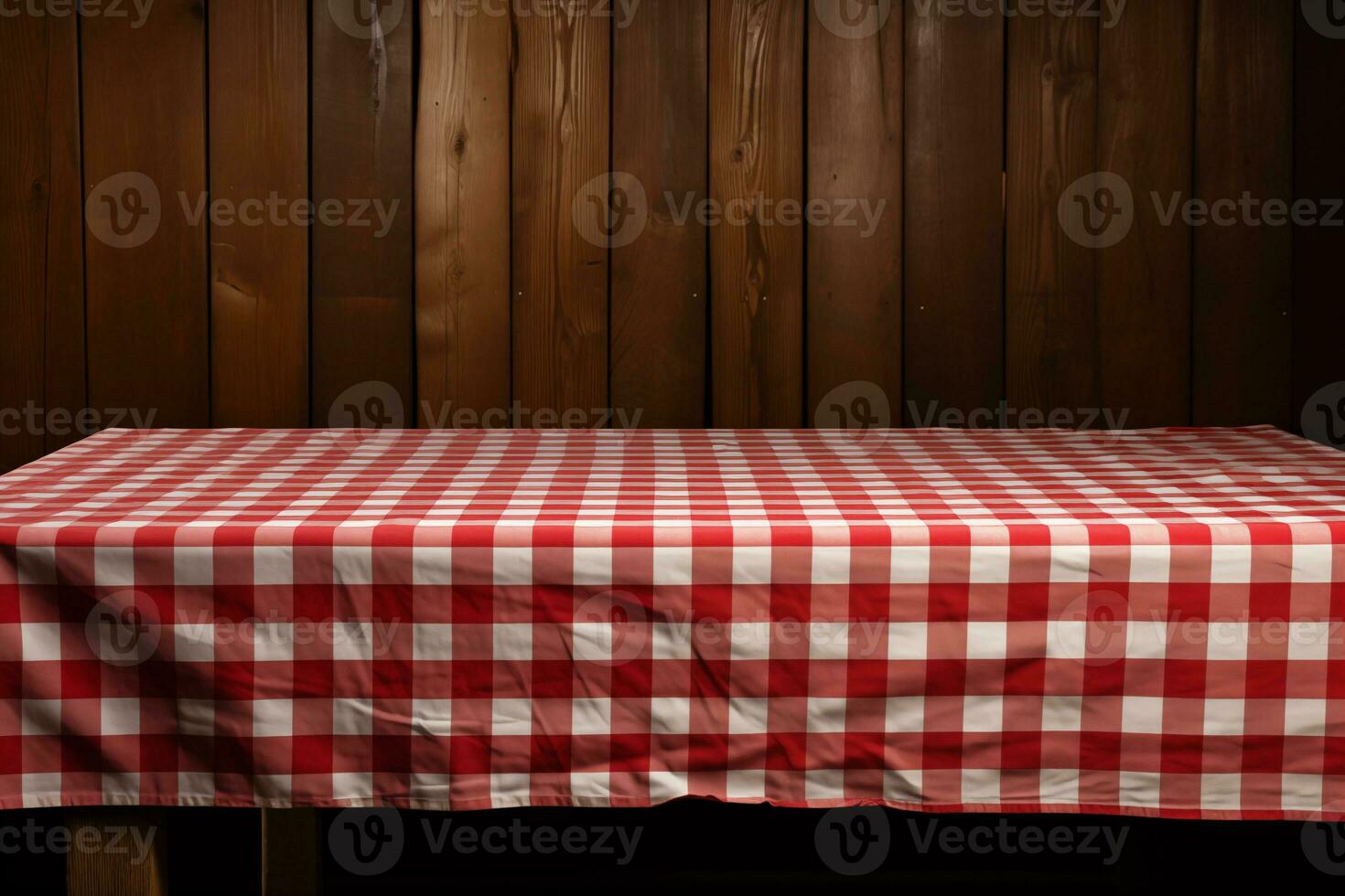 AI generated A Red Checkered Tablecloth on a Wooden Table, Set against a Wooden Background photo