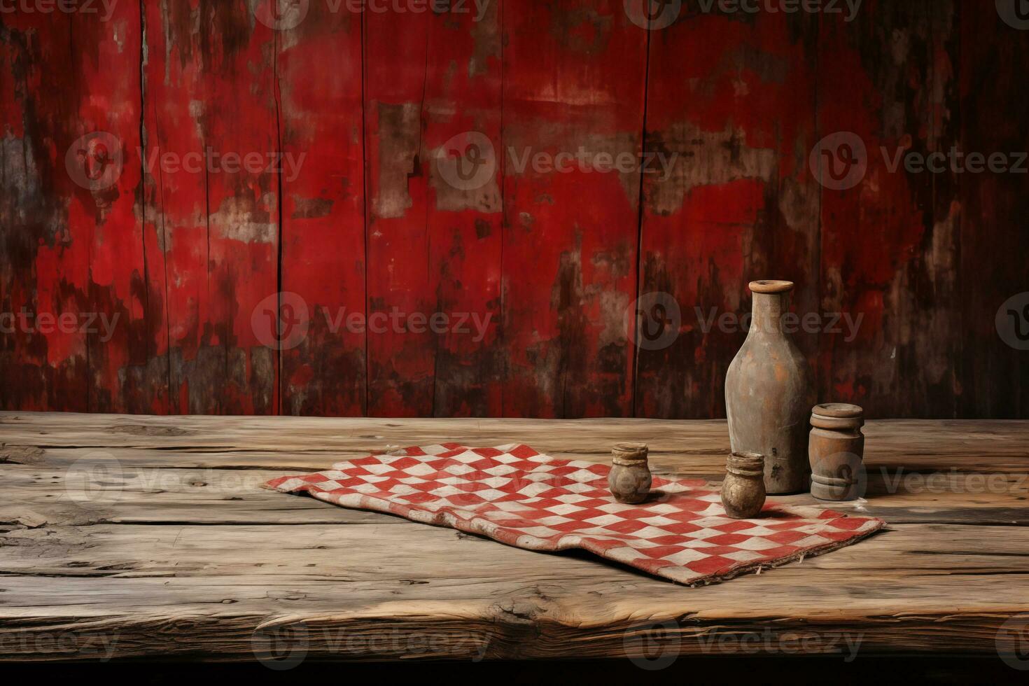 AI generated A Red Checkered Tablecloth on a Wooden Table, Set against a Wooden Background photo