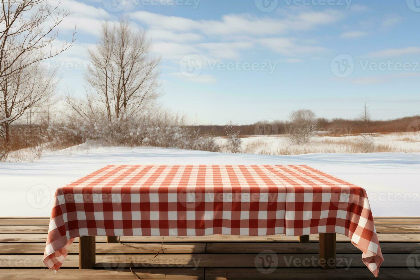 AI generated A Red Checkered Tablecloth on a Wooden Table, Set against a Wooden Background photo