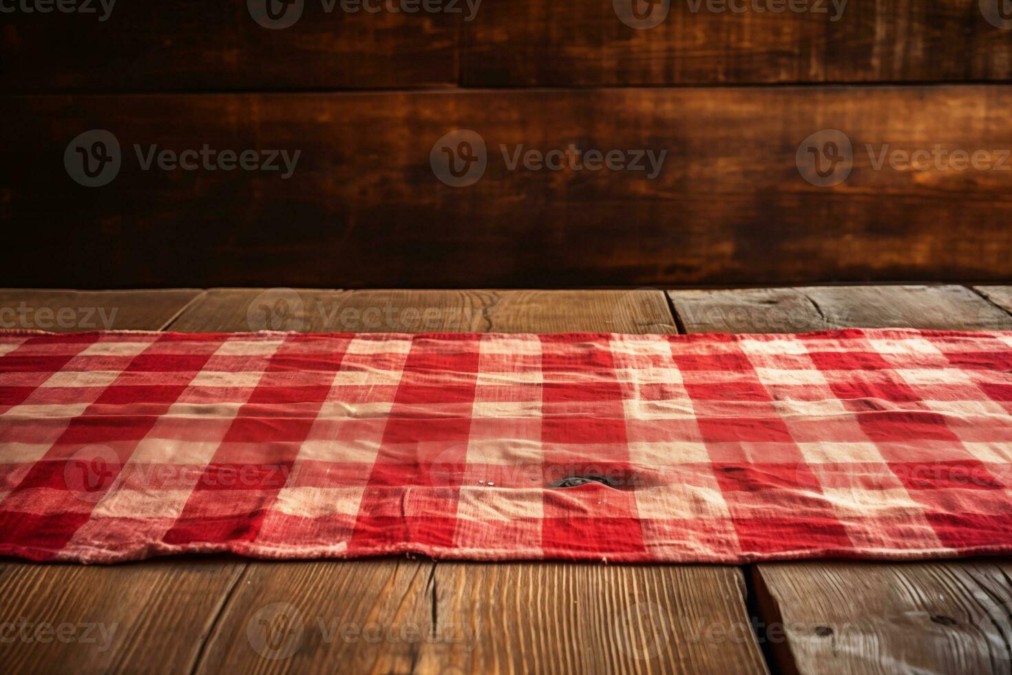 AI generated A Red Checkered Tablecloth on a Wooden Table, Set against a Wooden Background photo