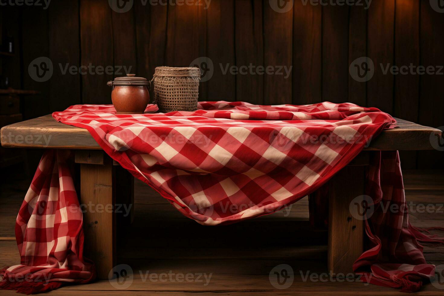 AI generated A Red Checkered Tablecloth on a Wooden Table, Set against a Wooden Background photo