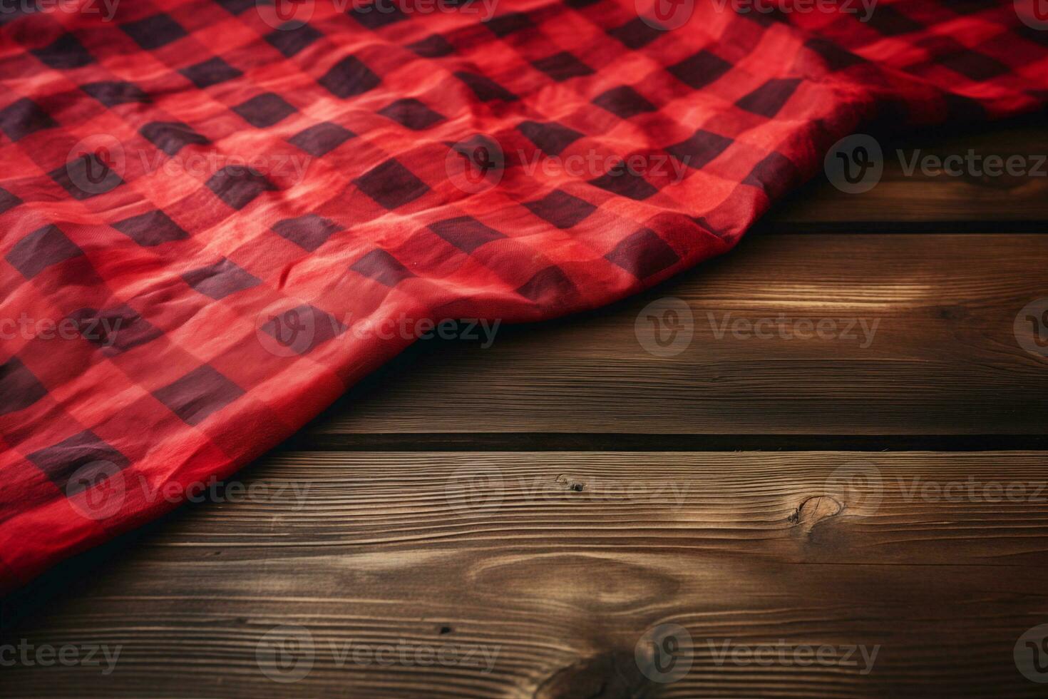 AI generated A Red Checkered Tablecloth on a Wooden Table, Set against a Wooden Background photo