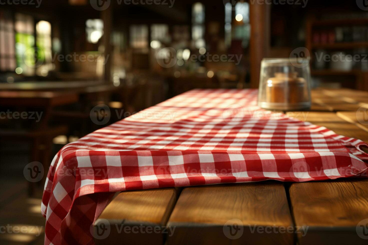 AI generated A Red Checkered Tablecloth on a Wooden Table, Set against a Wooden Background photo