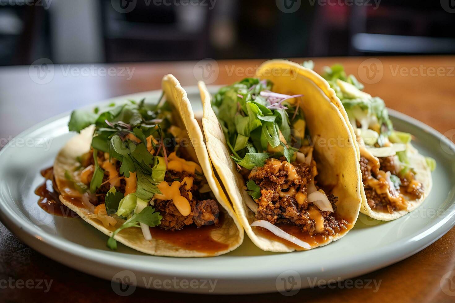 AI generated three tacos are sitting on a plate photo