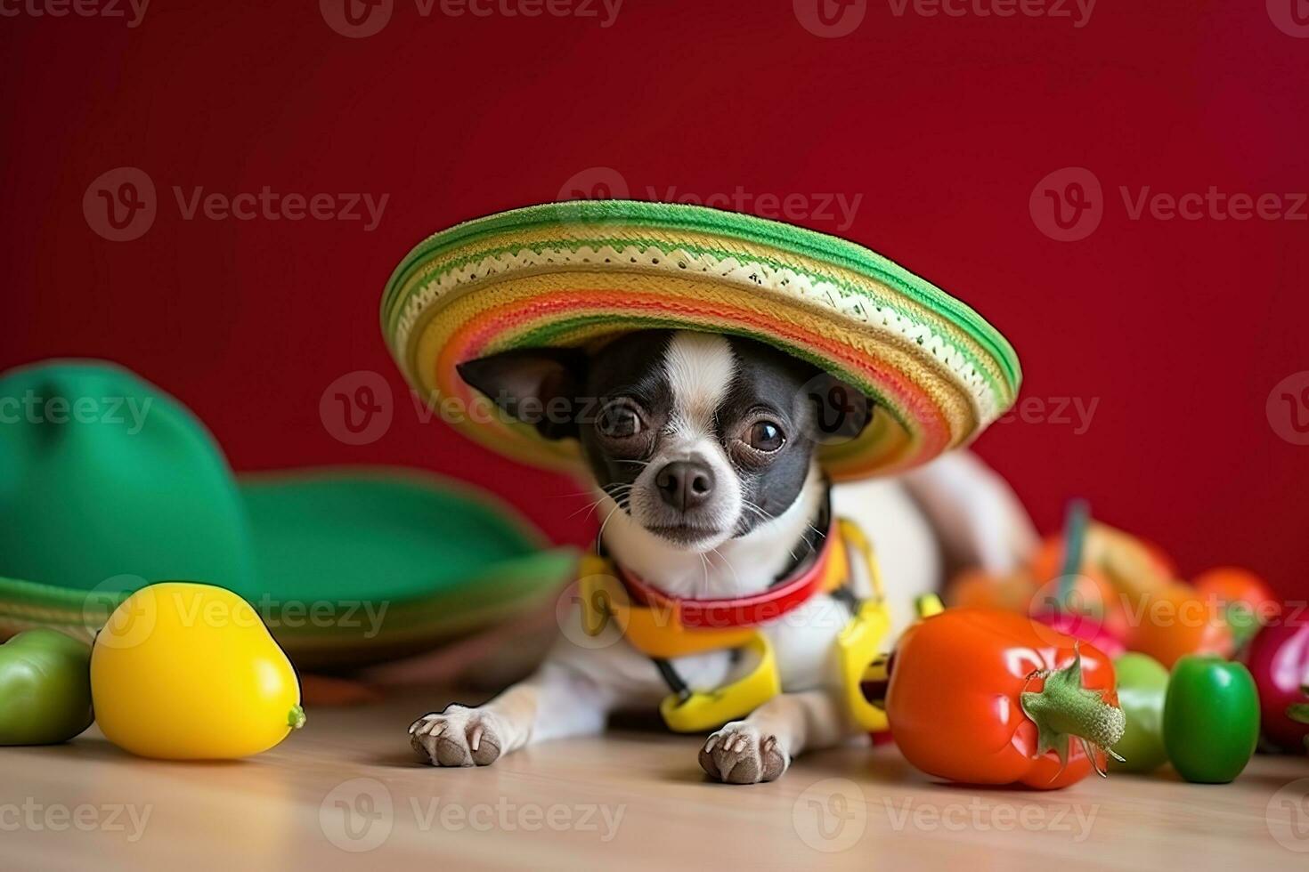 AI generated a small dog wearing a mexican hat and sitting on a table with various vegetables photo