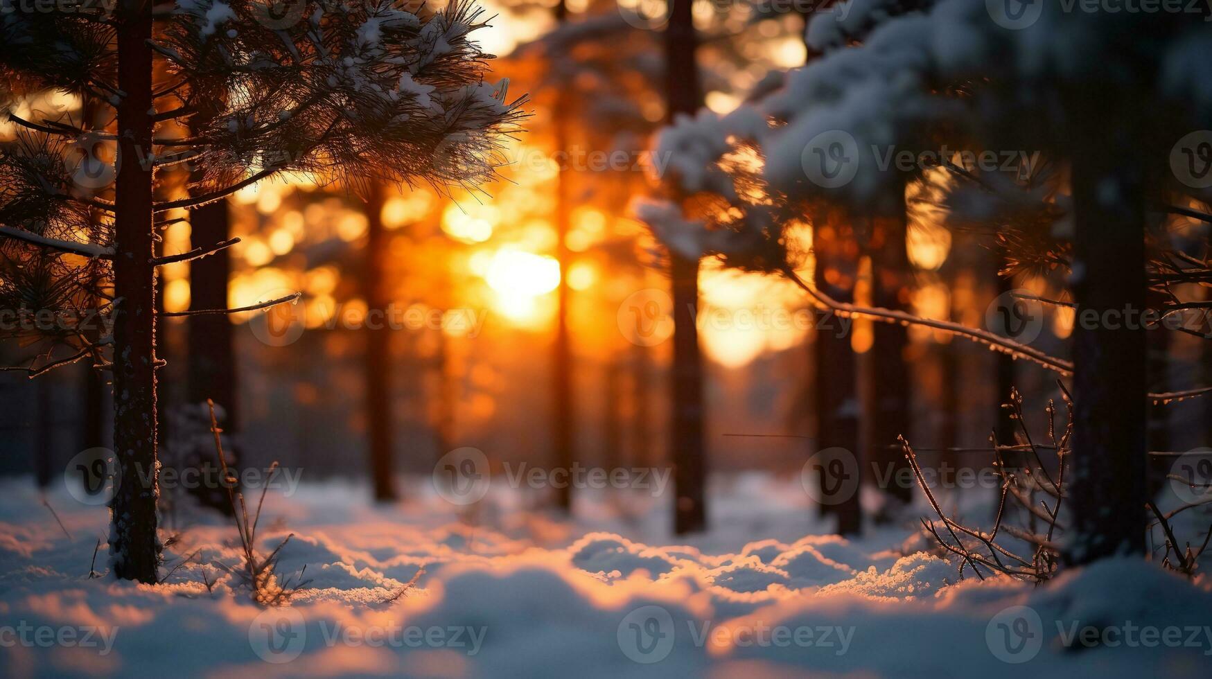A unique perspective of a snow covered forest on a chilly day, Generative AI. photo