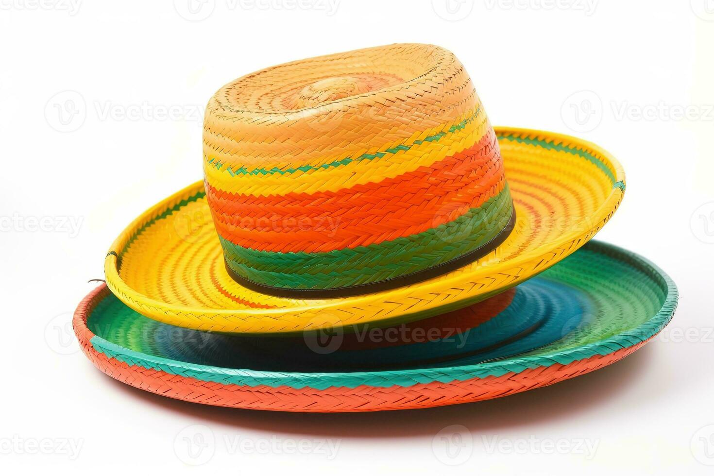 AI generated a stack of colorful straw hats on a white background photo