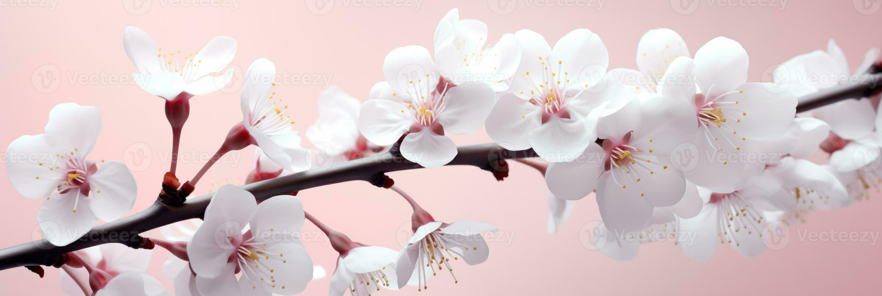 AI generated Close Up of White Cherry Blossoms with a Soft Pastel Palette for a St Valentines Day Concept Background photo