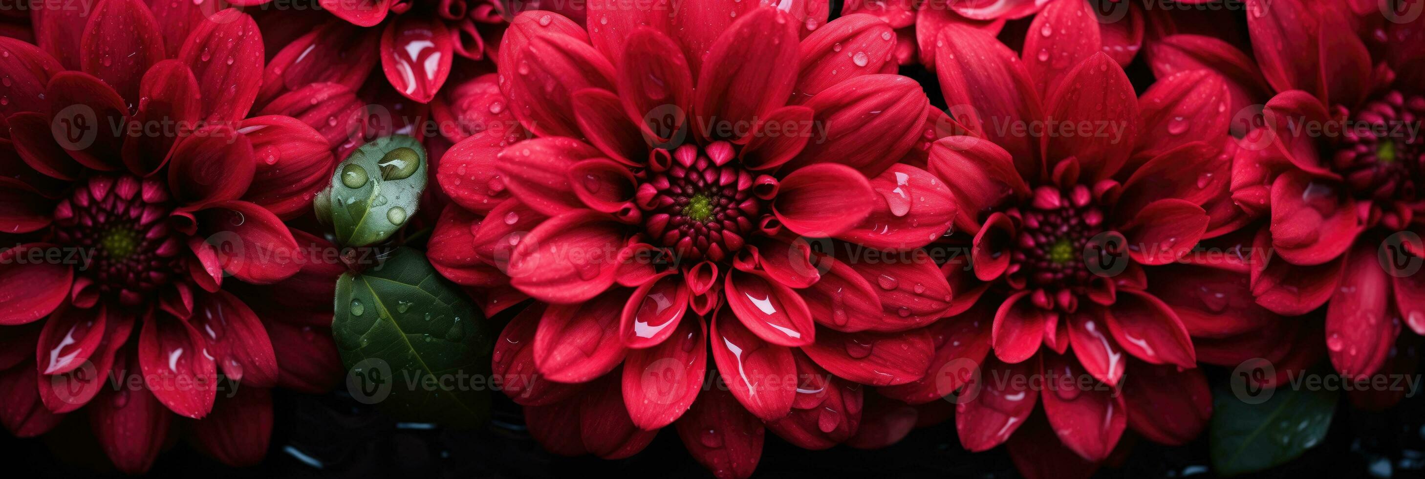 AI generated Ruby Red Chrysanthemum with Dew Drops Featuring a Vibrant Red and Green Color Scheme Perfect for a Valentines Day Themed Backdrop photo