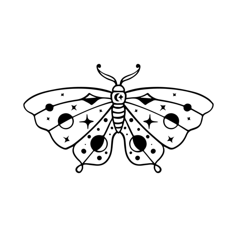Celestial Butterfly Doodle Illustration. Hand Drawn Beautiful Line Art Butterfly Tattoo. This boho butterfly  are good for design of mystical project, card and poster making, decoration clothes, etc vector