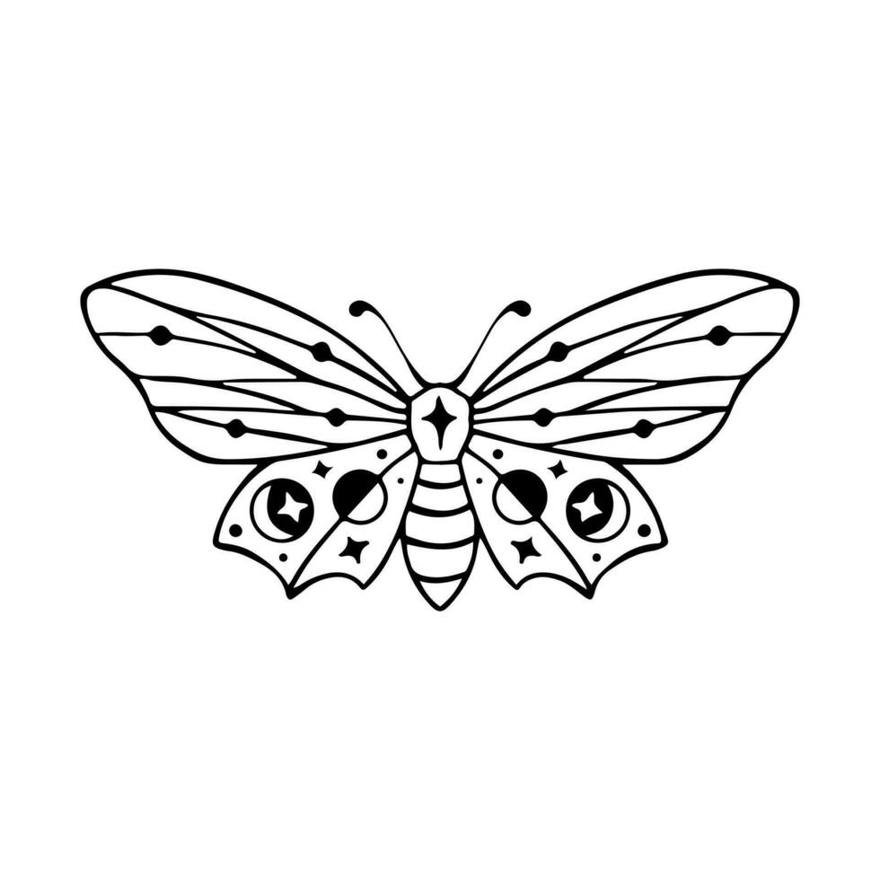 Celestial Butterfly Doodle Illustration. Hand Drawn Beautiful Line Art Butterfly Tattoo. This boho butterfly  are good for design of mystical project, card and poster making, decoration clothes, etc vector