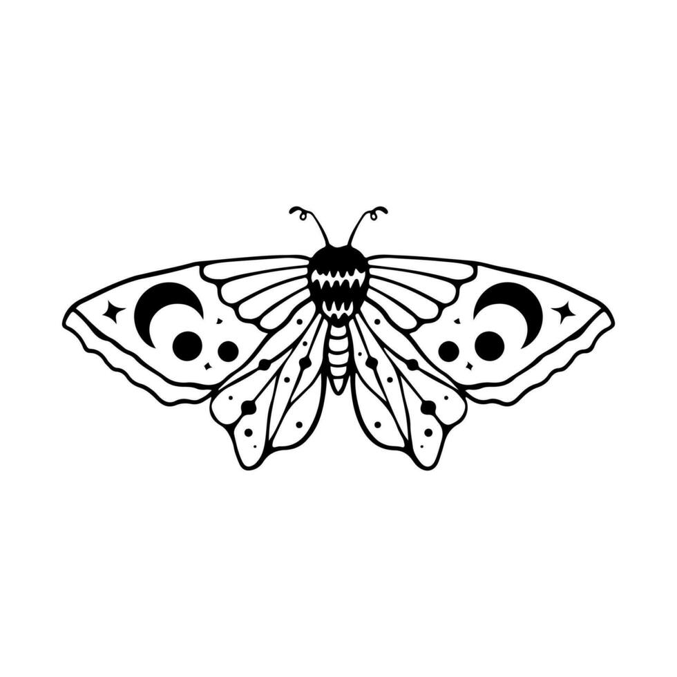 Celestial Butterfly Doodle Illustration. Hand Drawn Beautiful Line Art Butterfly Tattoo. This boho butterfly  are good for design of mystical project, card and poster making, decoration clothes, etc vector