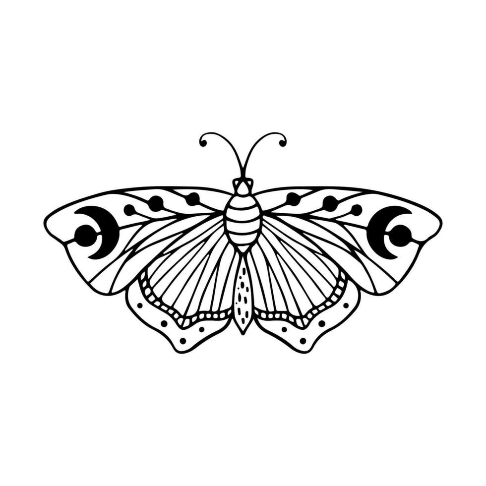 celestial mariposa garabatear ilustración. mano dibujado hermosa línea Arte mariposa tatuaje. esta boho mariposa son bueno para diseño de místico proyecto, tarjeta y póster haciendo, decoración ropa, etc vector