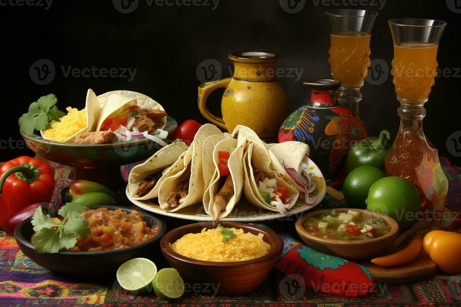 AI generated mexican food is served on a table with various dishes photo
