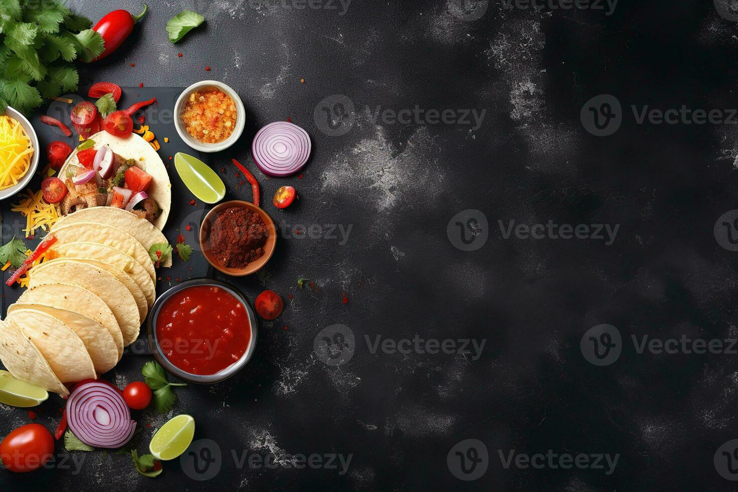 AI generated tacos, salsa, and other ingredients on a black background photo