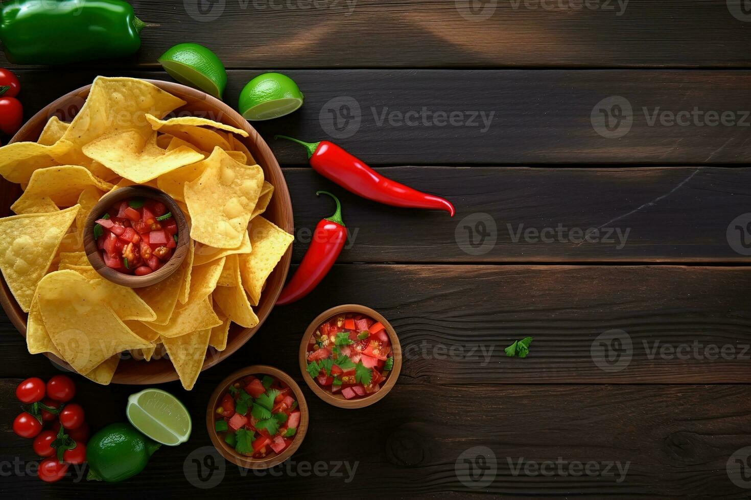 AI generated mexican food with chips and salsa on wooden background photo