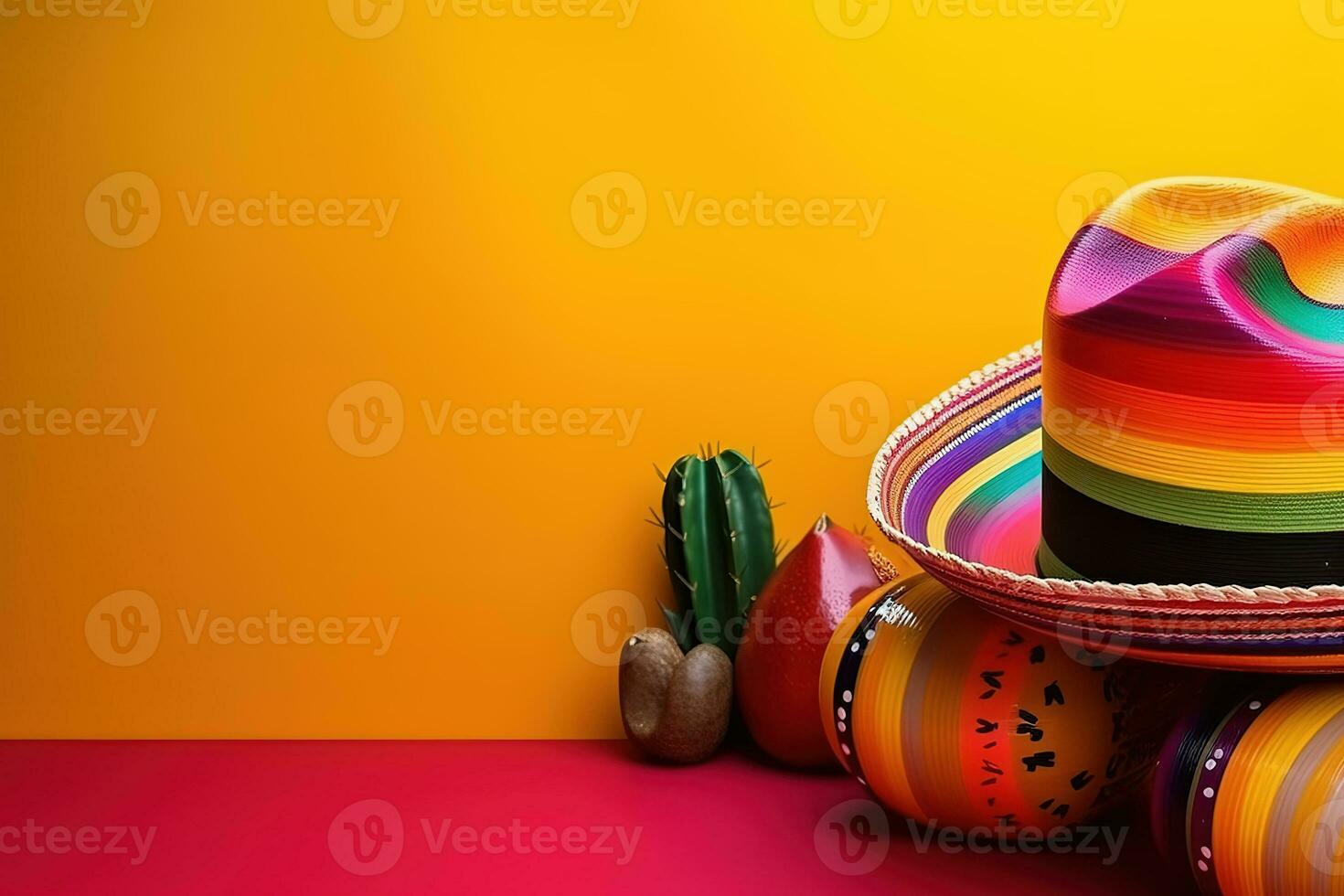 AI generated colorful sombrero and colorful mexican objects on a yellow background photo