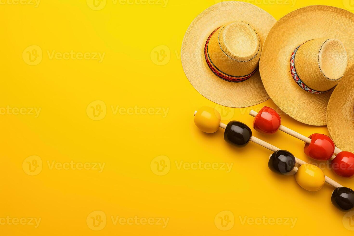 AI generated three hats and maracas on a yellow background photo