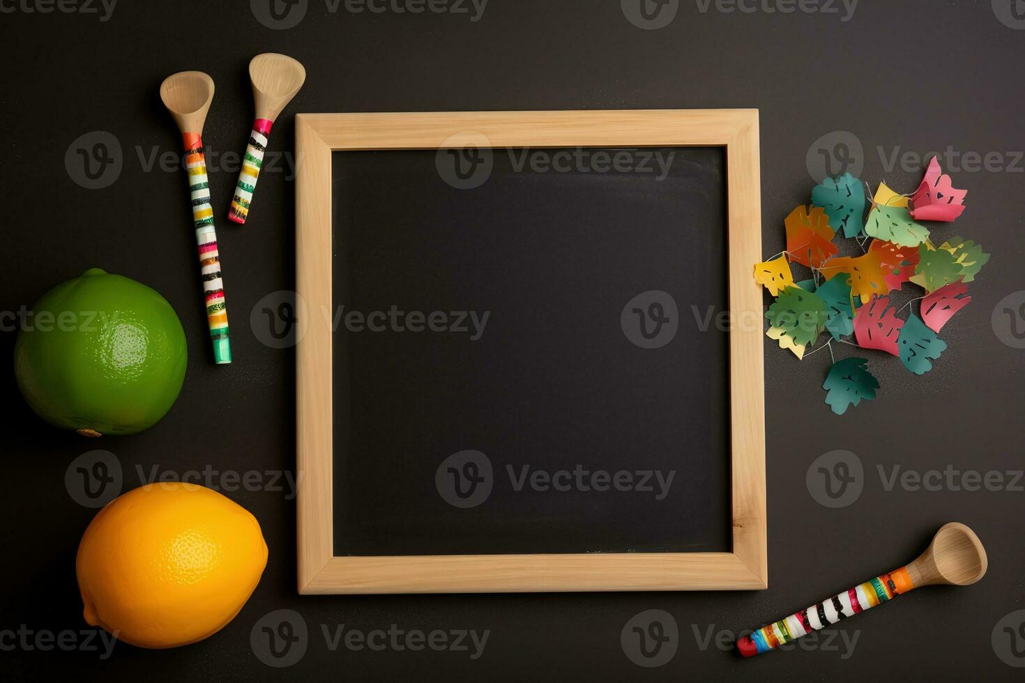 AI generated a blackboard with a chalkboard, a lemon, and some other items photo