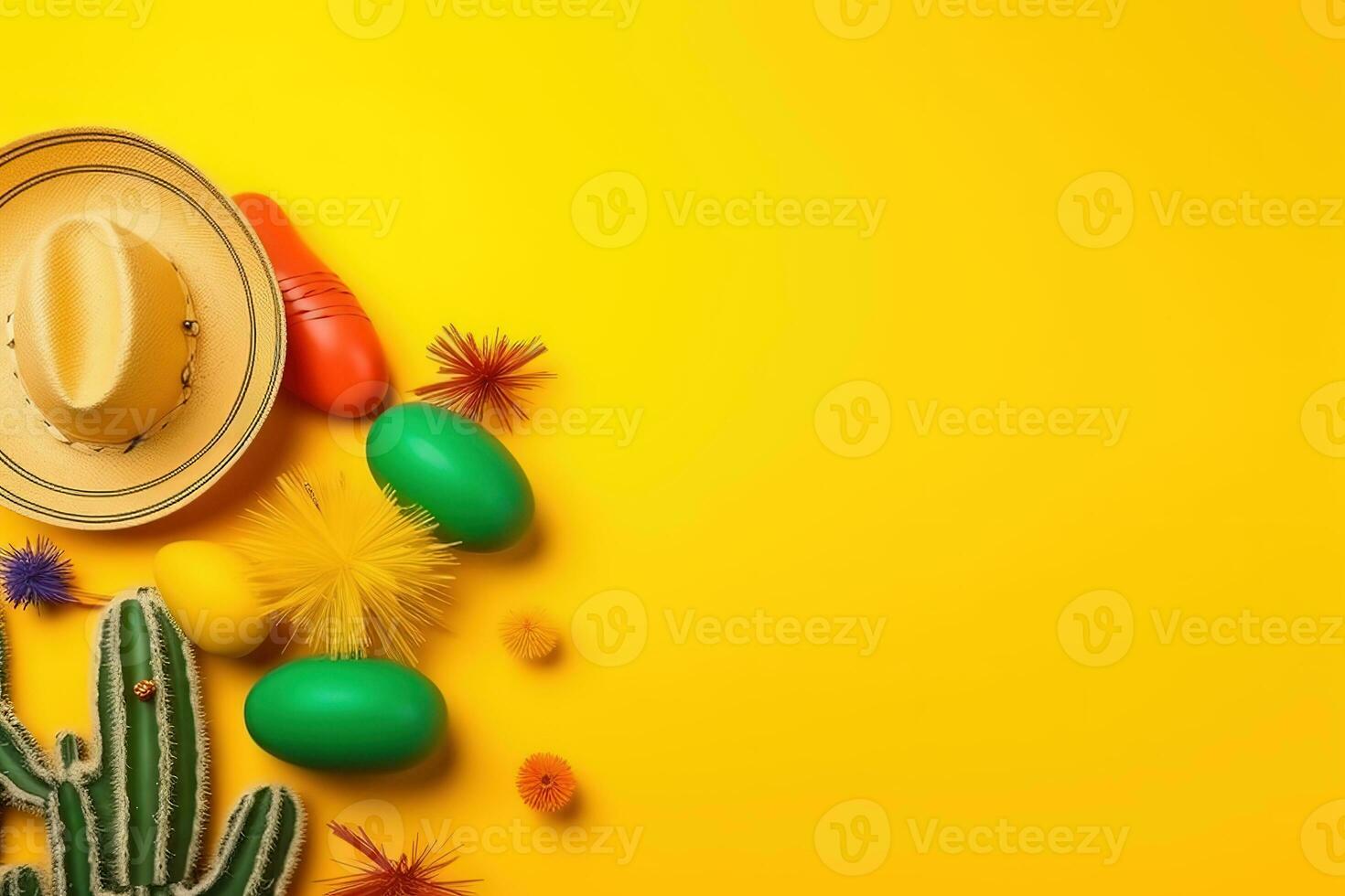 AI generated mexican easter background with colorful eggs, cactus and sombrero photo