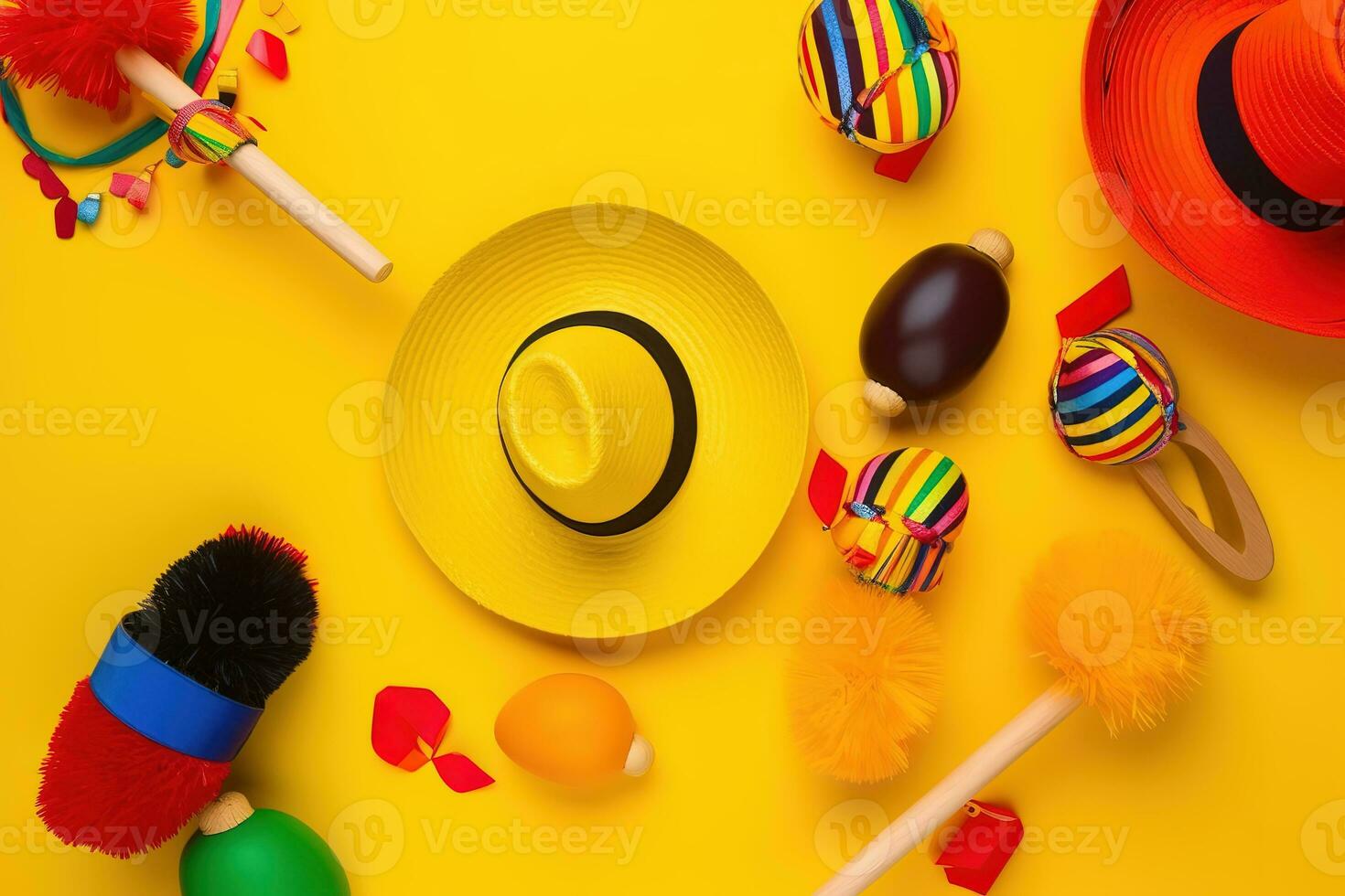 AI generated colorful mexican hats and toys on a yellow background photo