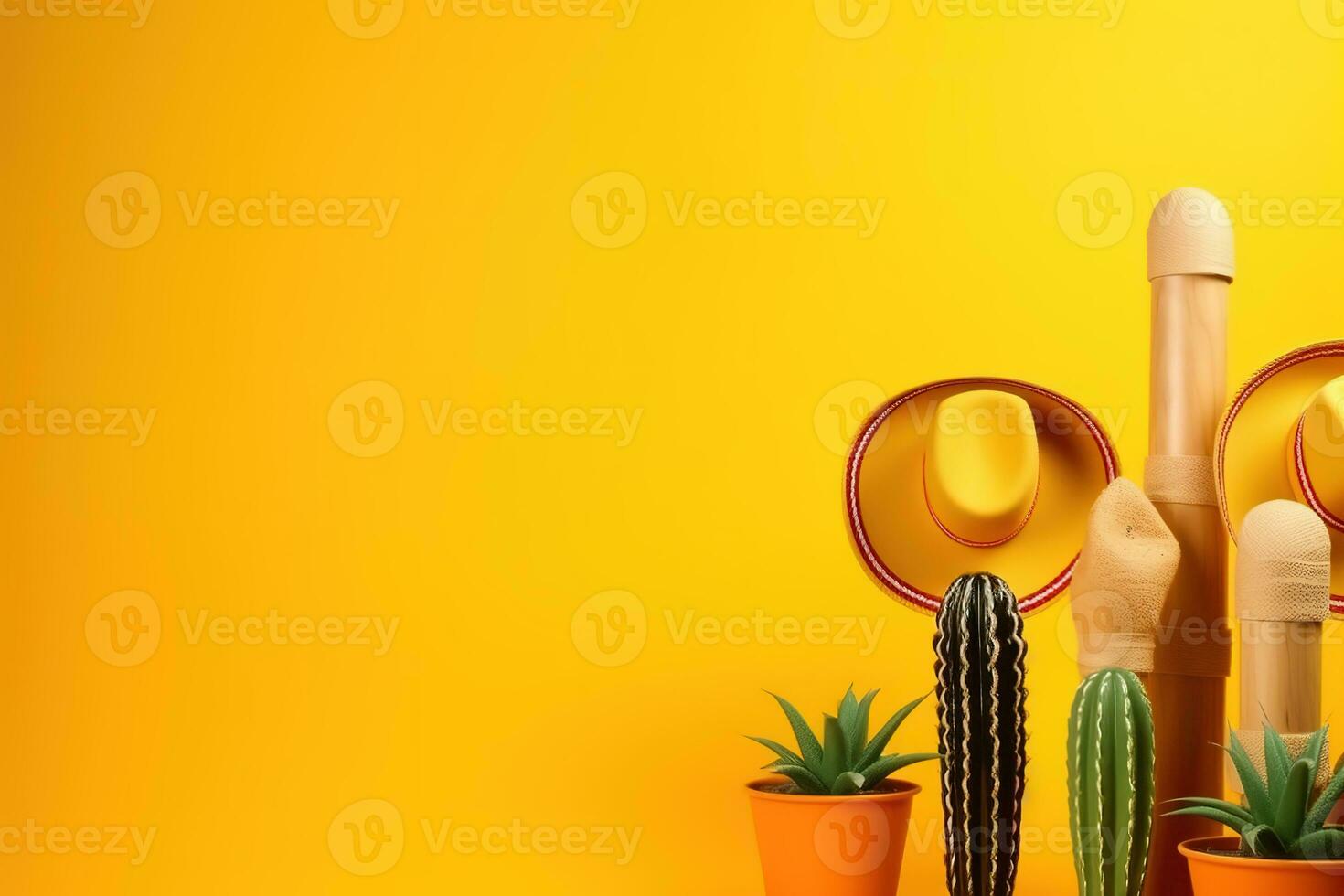 AI generated a group of cactus plants and a hat on a yellow background photo