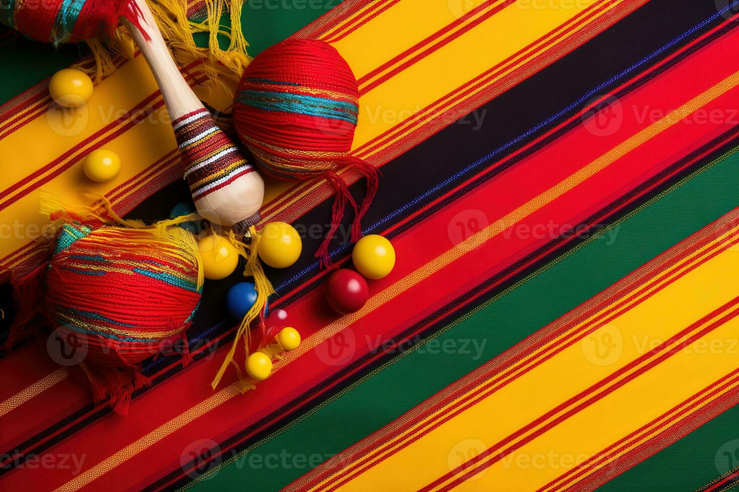 AI generated colorful maracas and other colorful items on a colorful striped tablecloth photo