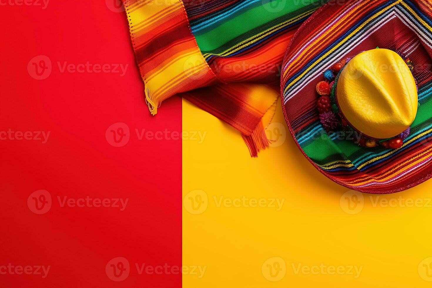 AI generated a colorful mexican hat and a colorful scarf on a red and yellow background photo