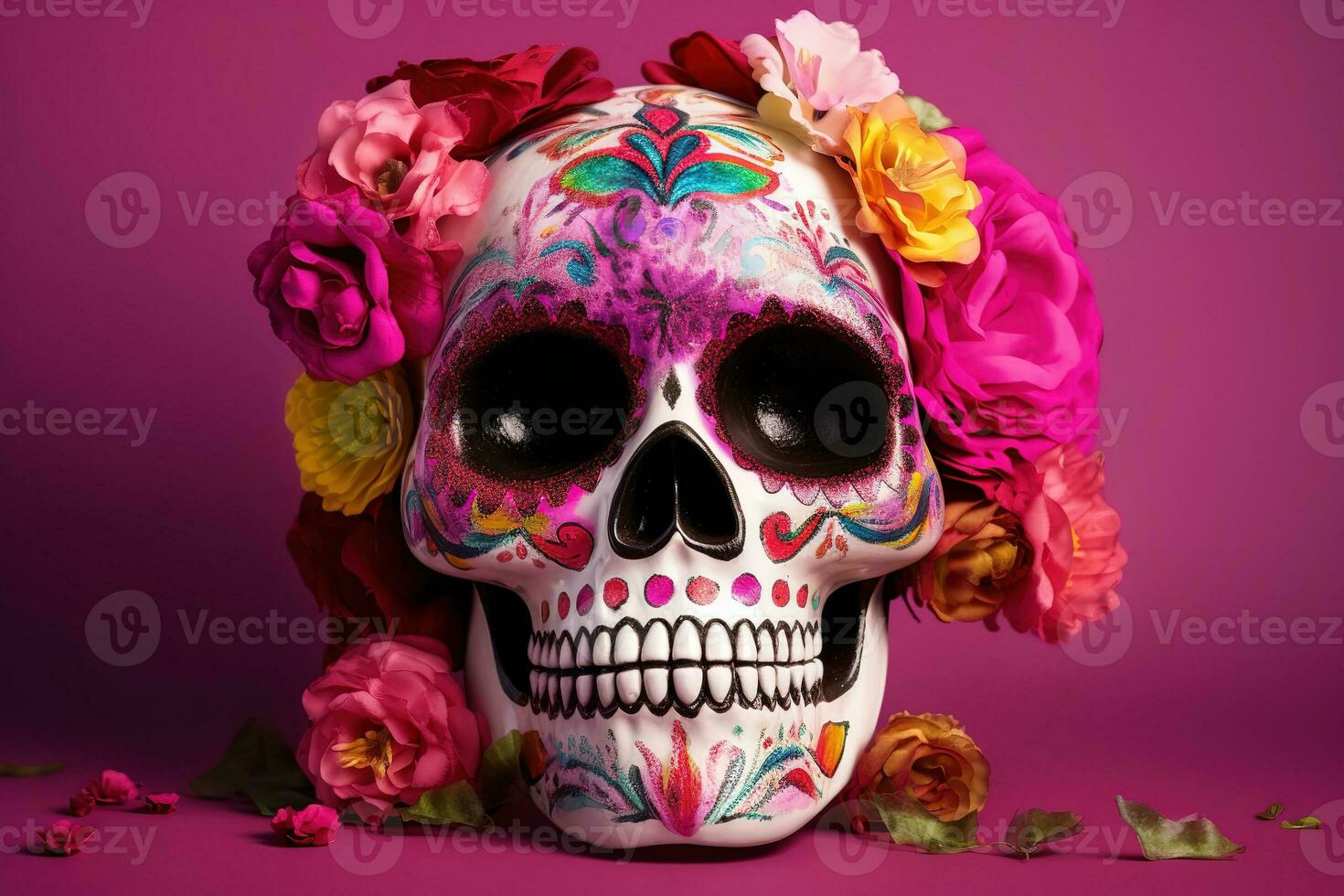 AI generated a skull with colorful flowers on a purple background photo