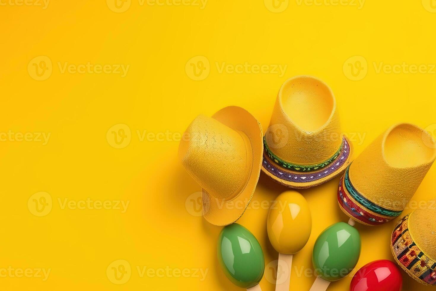 AI generated colorful hats and spoons on a yellow background photo