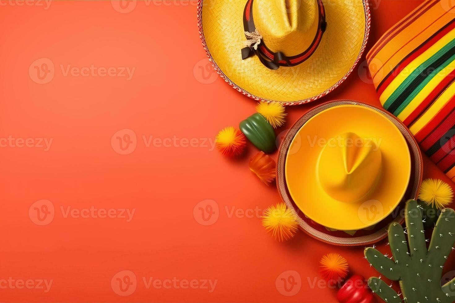 AI generated colorful mexican hats and cactus on orange background photo