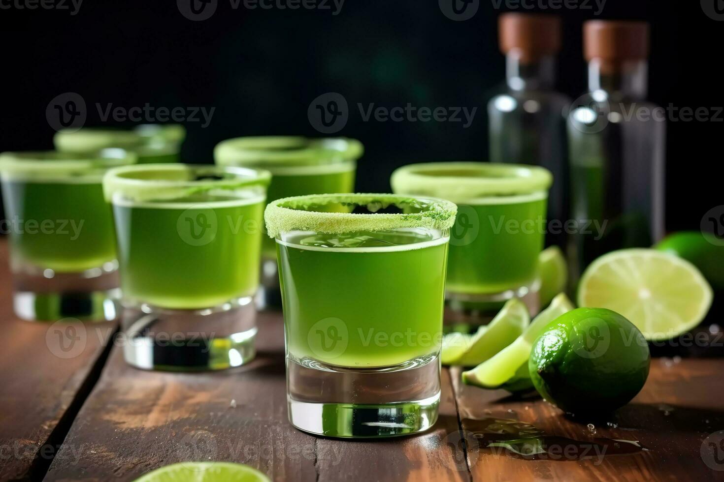 AI generated shot glasses with lime juice and limes photo