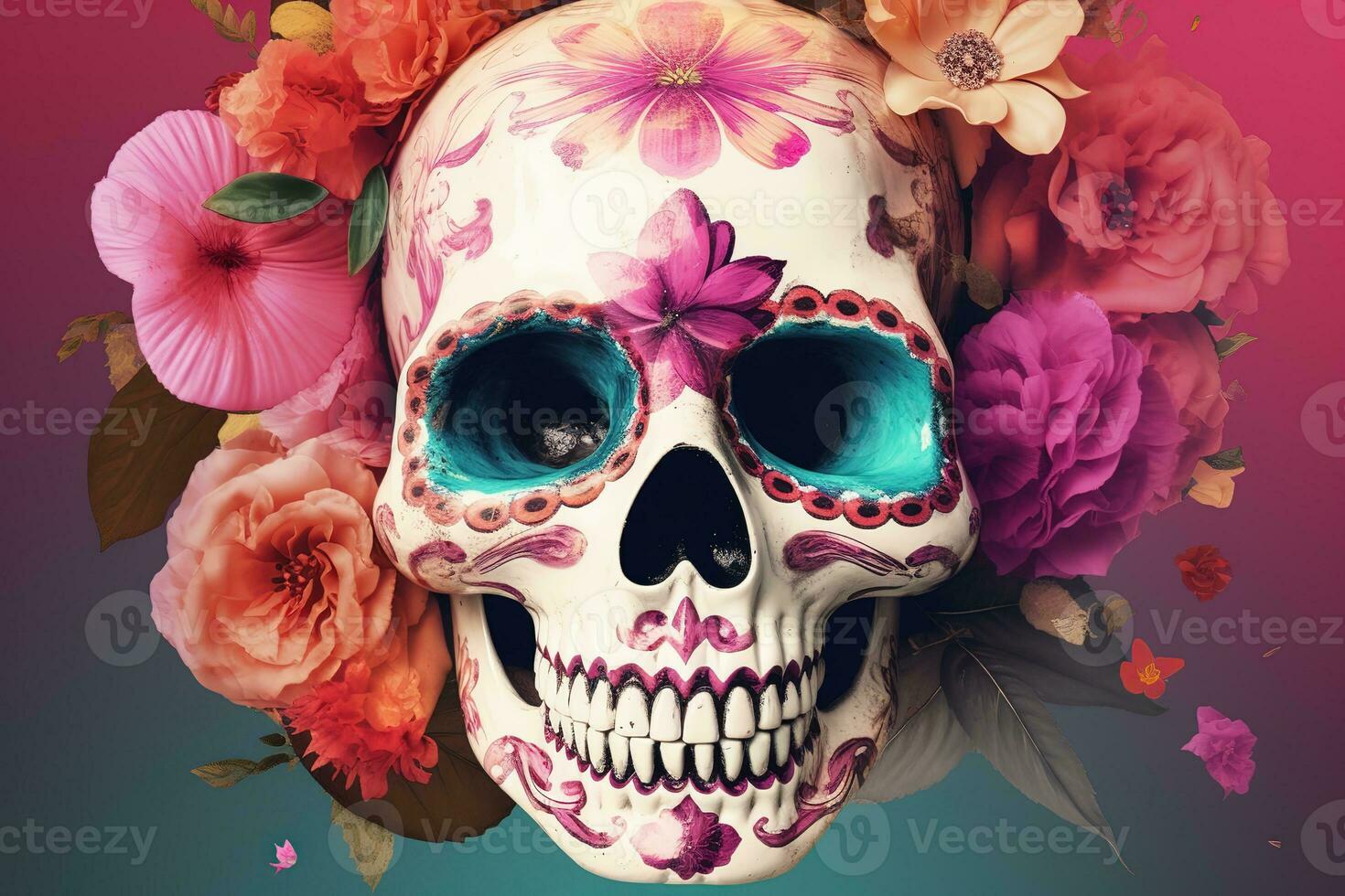AI generated a skull with flowers on it photo