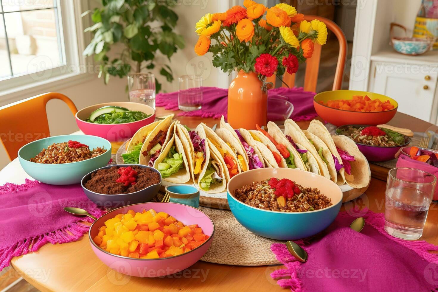 AI generated a table topped with colorful bowls of food photo