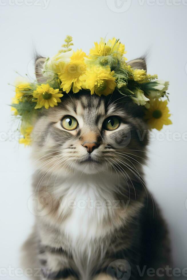 AI generated Hello spring concept. Red cat in a flower wreath. AI generated photo