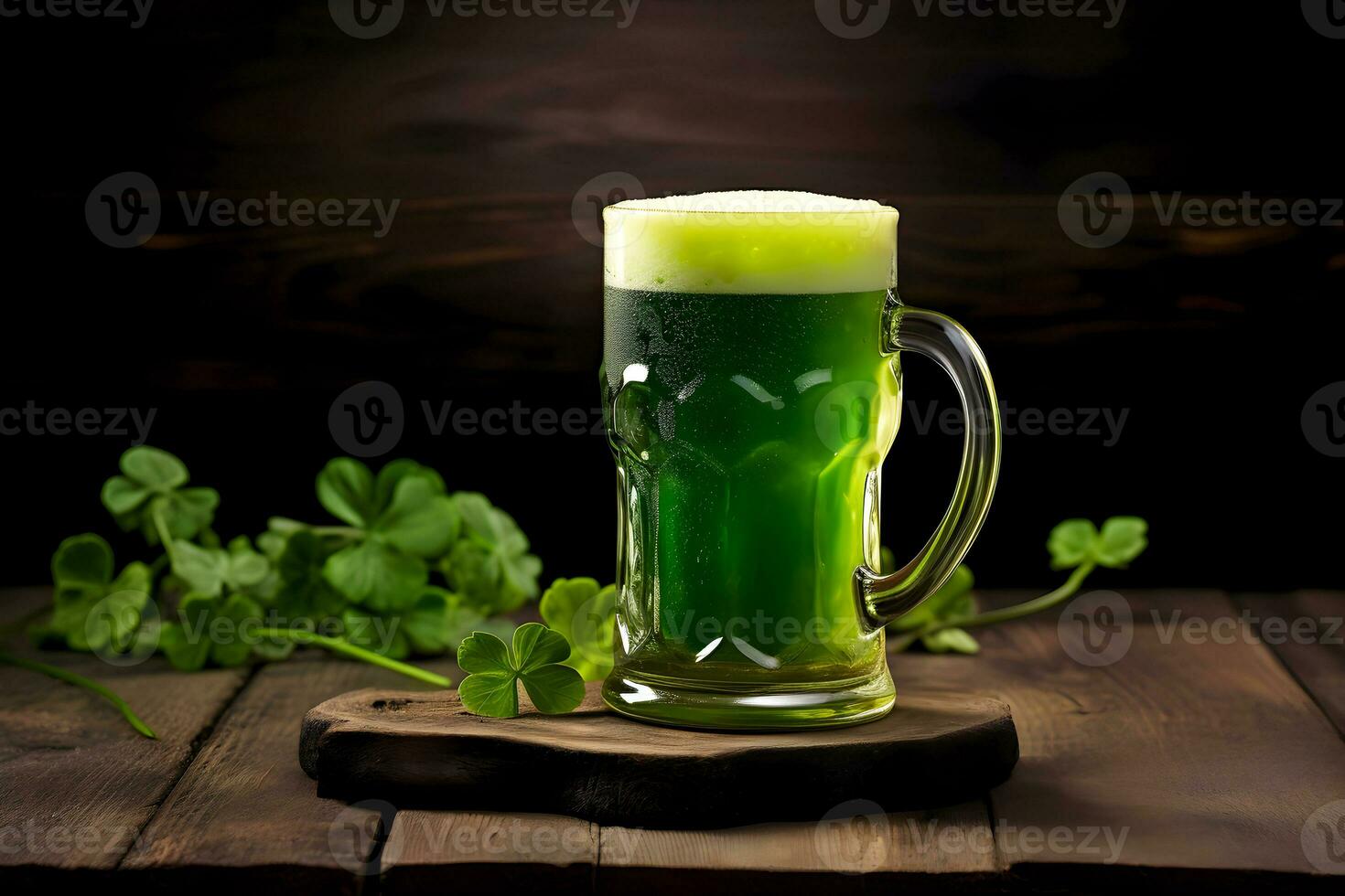 AI generated Green beer next to a clover for St. Patricks Day. AI generated photo