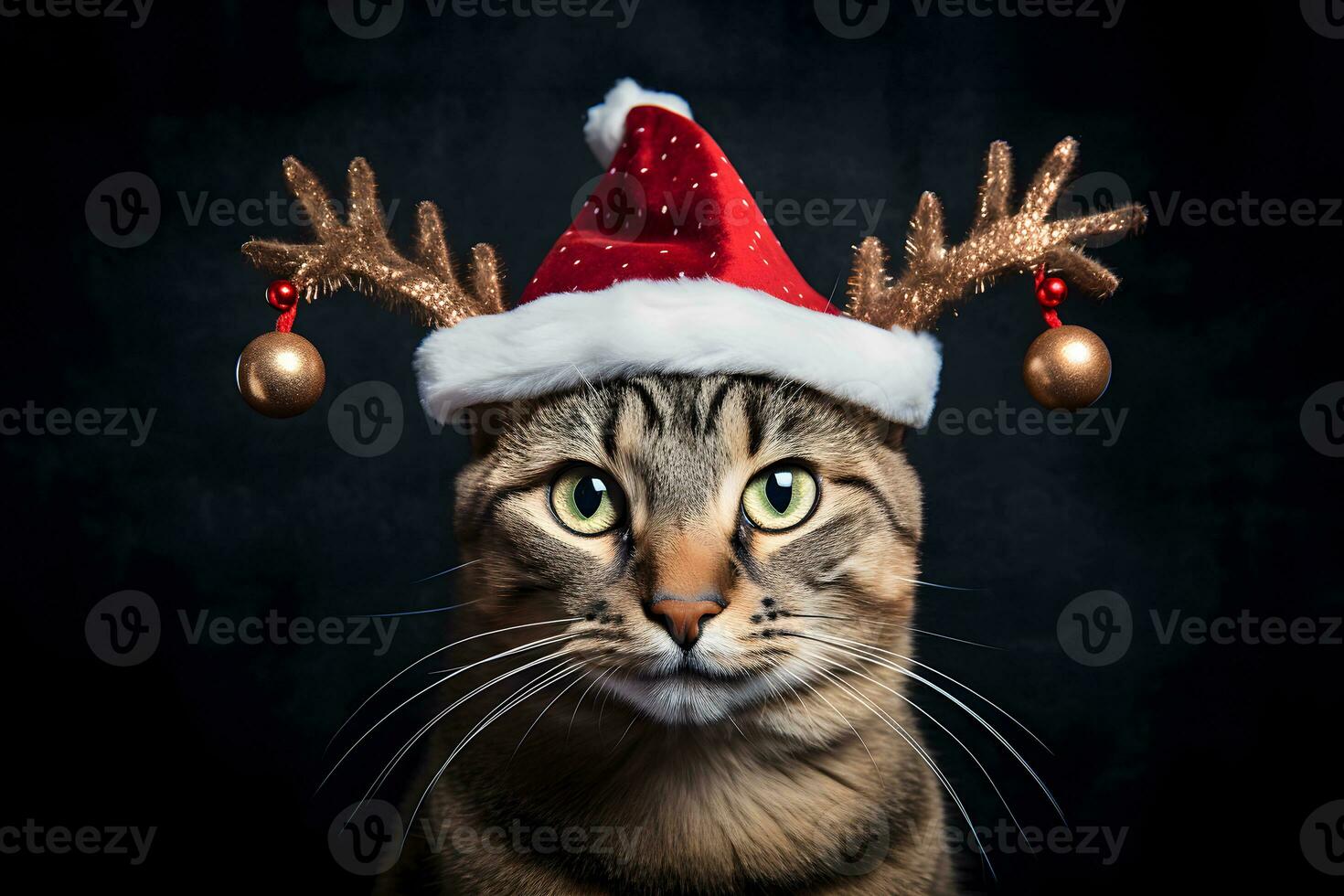 ai generado Navidad concepto - blanco gato con ciervo cuernos en oscuro antecedentes. ai generado foto