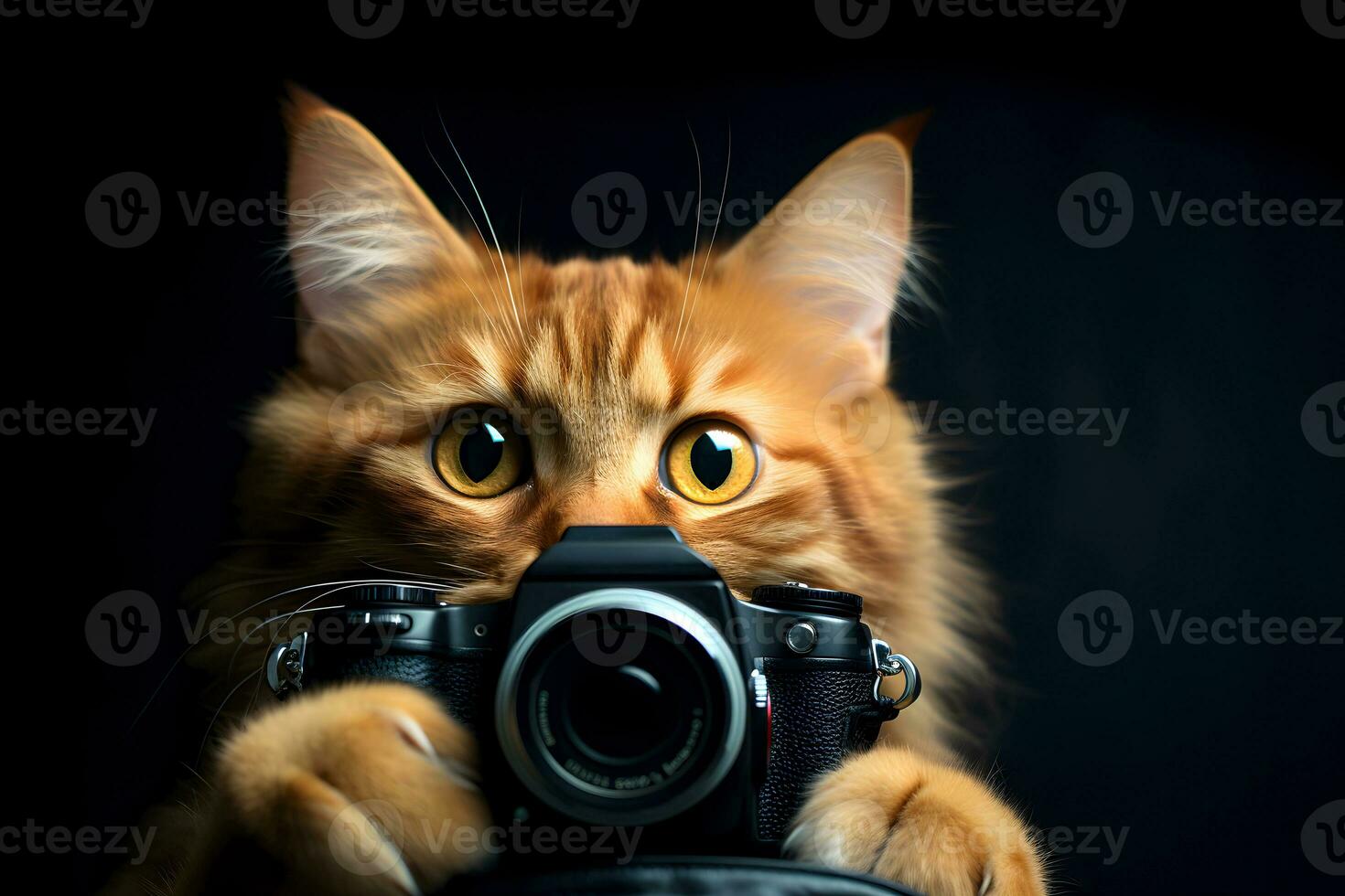 AI generated Red cat with a camera on a black background. AI generated photo