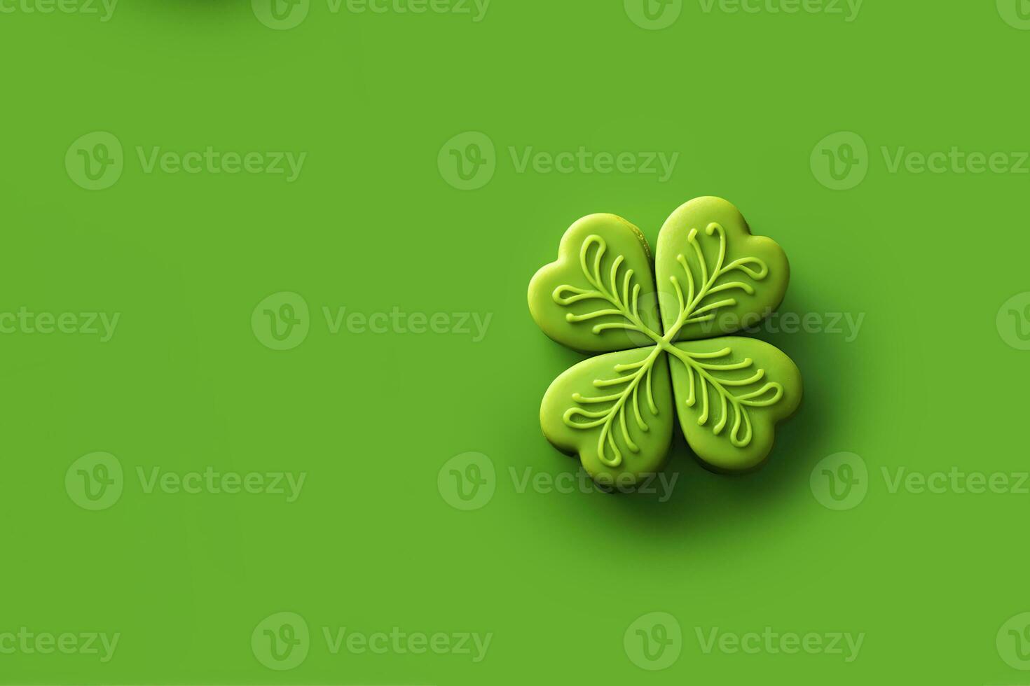 AI generated St. Patricks Day symbol cookie in shape of clover leaf on green background. Minimalism. AI generated photo